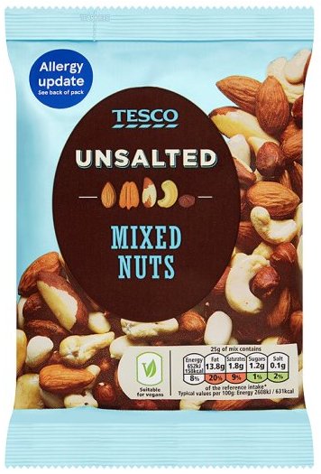 Pack shot of a 200g packet of mixed nuts. Image includes nutritional info which is barely legible.